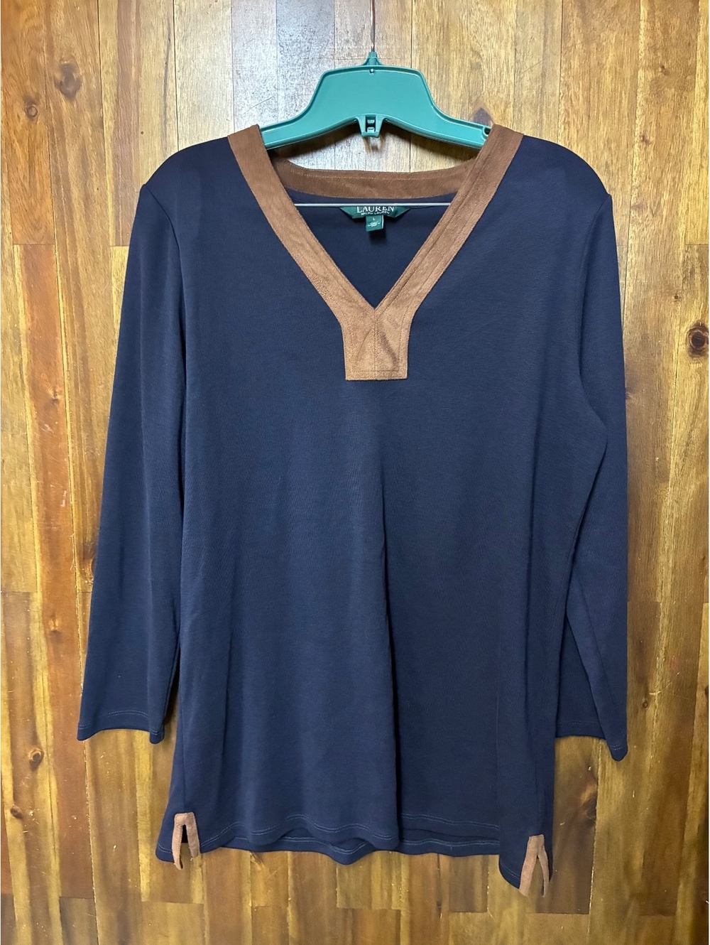 Lauren Ralph Lauren Navy Brown Suede Trim Tunic Top L Equestrian Preppy